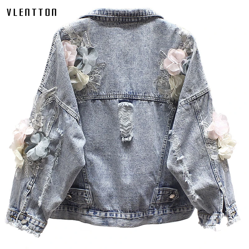 

New Flower Print Women's Denim Jacket Coat Hole Embroidery Long Sleeve Outerwear Casual Loose Female Jean Jacket Casaco Feminino