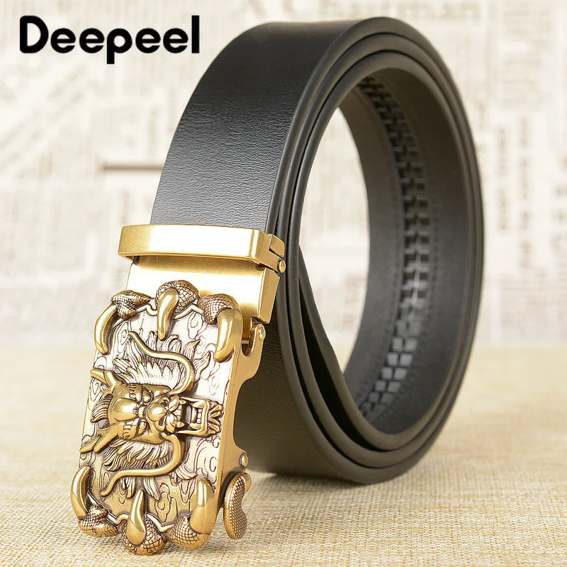 

Deepeel 3.5*115/120cm High-end Business Luxury Men's Belt Vintage Chinese Dragon Automatic Buckle Genuine Leather Belt Fit Gift