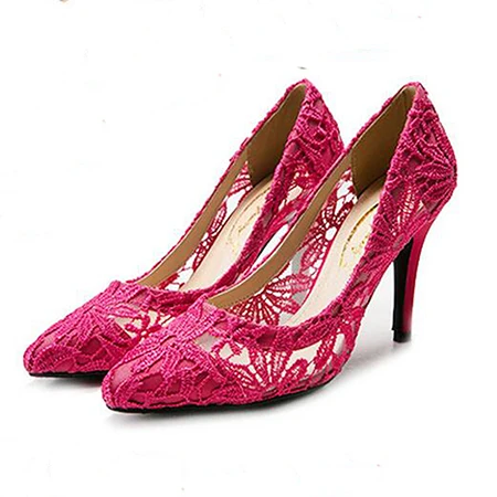 Женские туфли-лодочки свадебные туфли пикантные весенние кружевные туфли на высоком каблуке с острым носком без застежки женские туфли на тонком каблуке размера плюс, серебристого цвета 30 - Цвет: rose 10 cm