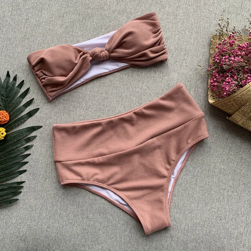 Bikinx узел бикини с высокой талией mujer ванный комплект ребристые микро плавание костюм женский сексуальный Купальники для малышек для женщин - Цвет: Розовый