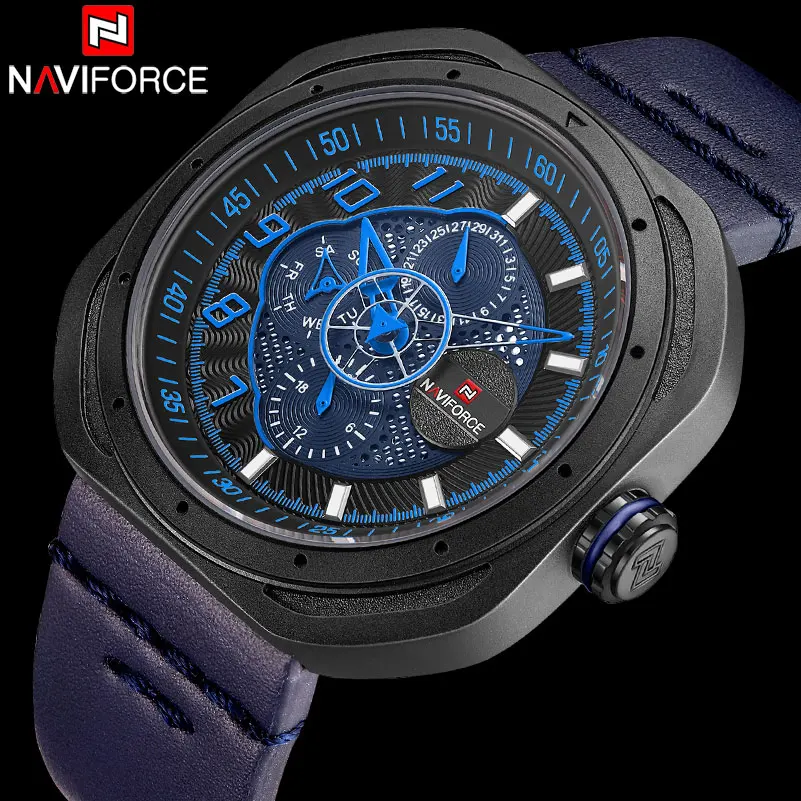 NAVIFORCE мужские спортивные часы кожаные креативные Аналоговые кварцевые наручные