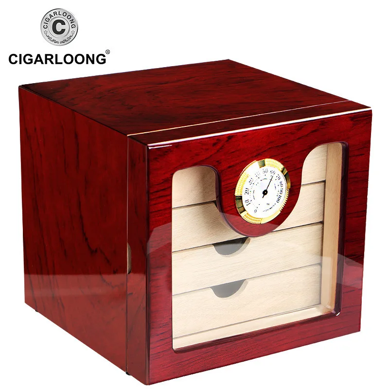 CIGARLOONG, 4 слоя, коробка для сигар, хьюмидор, кедровое дерево, увлажнитель с гигрометром, аксессуары для сигар, подарок, чехол для HH-1005A - Цвет: Красный