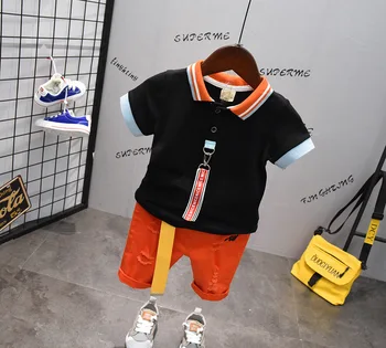 

2PCS WLG boys summer clothing set kids boy black letter shirt and orange ripped short set baby causal clothes