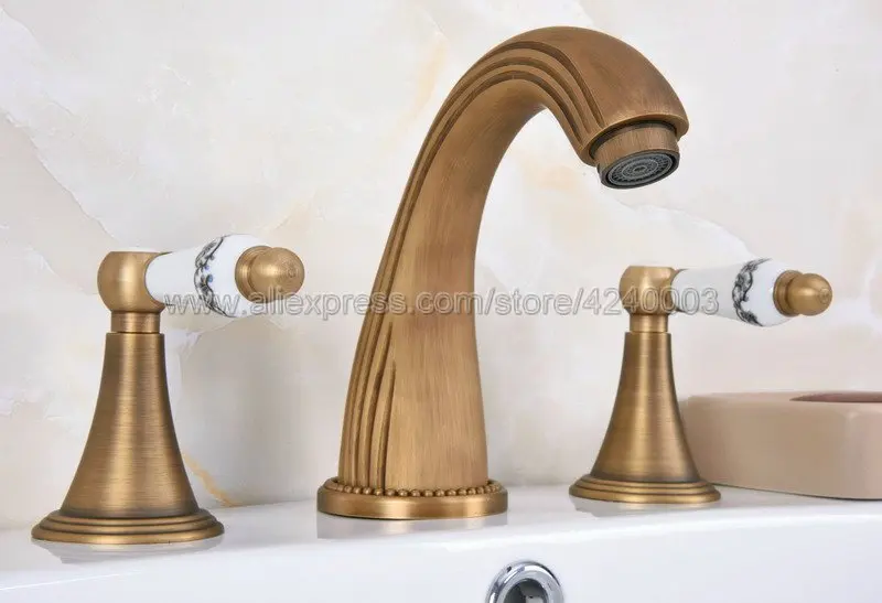 Vintage Antique Brass Widespread 3 Hole Bathroom Basin Sink Faucet Mixer Tap 