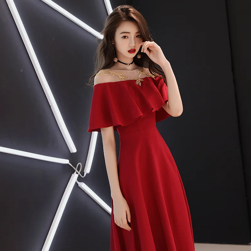 

A-line Evening Dresses Gold Embroidery Long Party Gowns Wine Red Boat Neck Ruffles Zipper Short Sleeve Formal Prom Dress E067