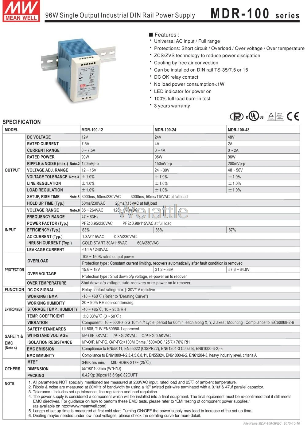 MEAN WELL MDR-100-12 12V 7.5A meanwell MDR-100 12V 90W одиночный выход промышленный din-рейку источник питания