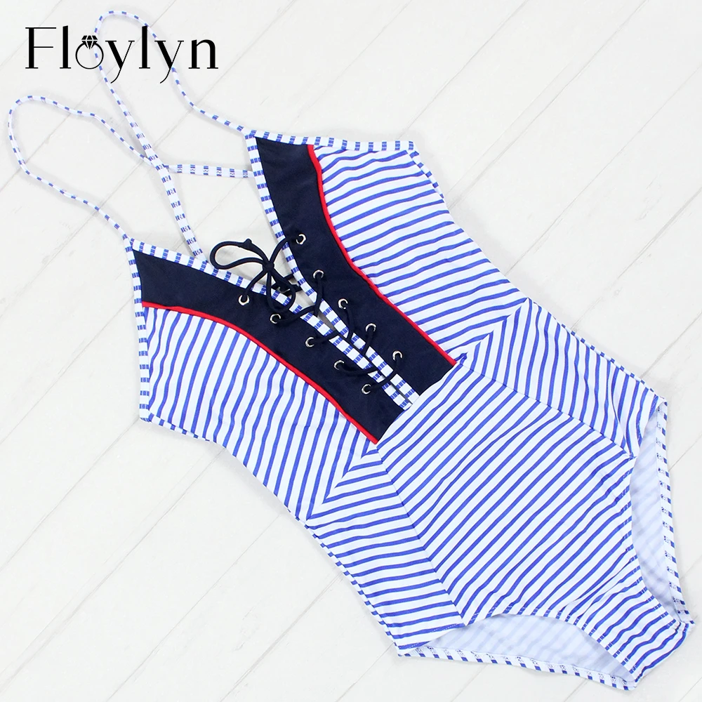 

Floylyn Stripe One Piece Swimsuit Bandage Swimwear Women Backless Monokini Lace Up Bathing Suit Maillot De Bain High Cut Trikini
