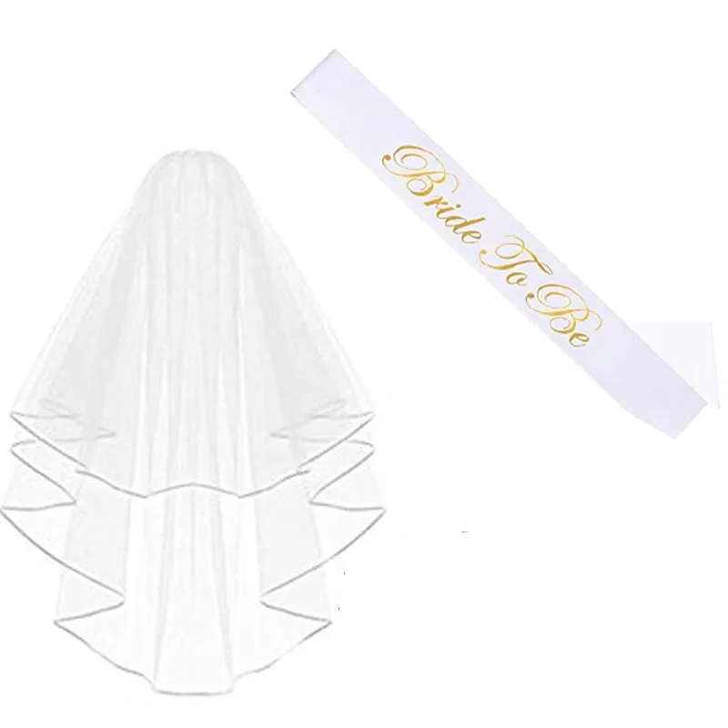 

White short Bridal Wedding Veil Bride To Be Sash Tiara Crown for Bachelorette hen Party Bridal Shower Decoration favor gift