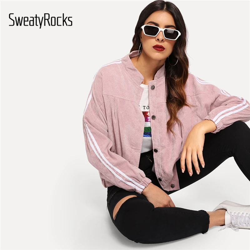 SweatyRocks розовый вельвет клейкие ленты Drop Shoulder Jacket уличная эластичный низ Стенд воротник осень повседневное для женщин пальто для будущих мам SweatyRocks розовый вельвет клейкие ленты Drop Shoulder Jacket уличная эластичный низ Стенд воротник осень повседневное для женщин пальто для будущих мам