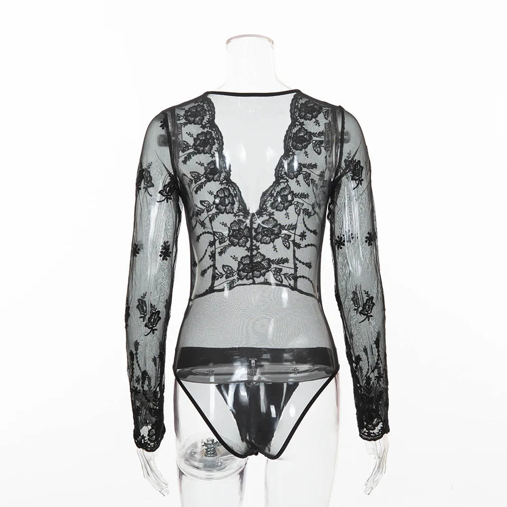 summer lace bodysuit long sleeve mesh women jumpsuit black Romper snap bottom button one piece body ladies