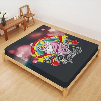 

Colorful Unicorn Fitted Sheet Rainbow Heart Print Bed Sheet Girls Princess Cartoon Bedding Polyester Microfiber Bedclothes D25