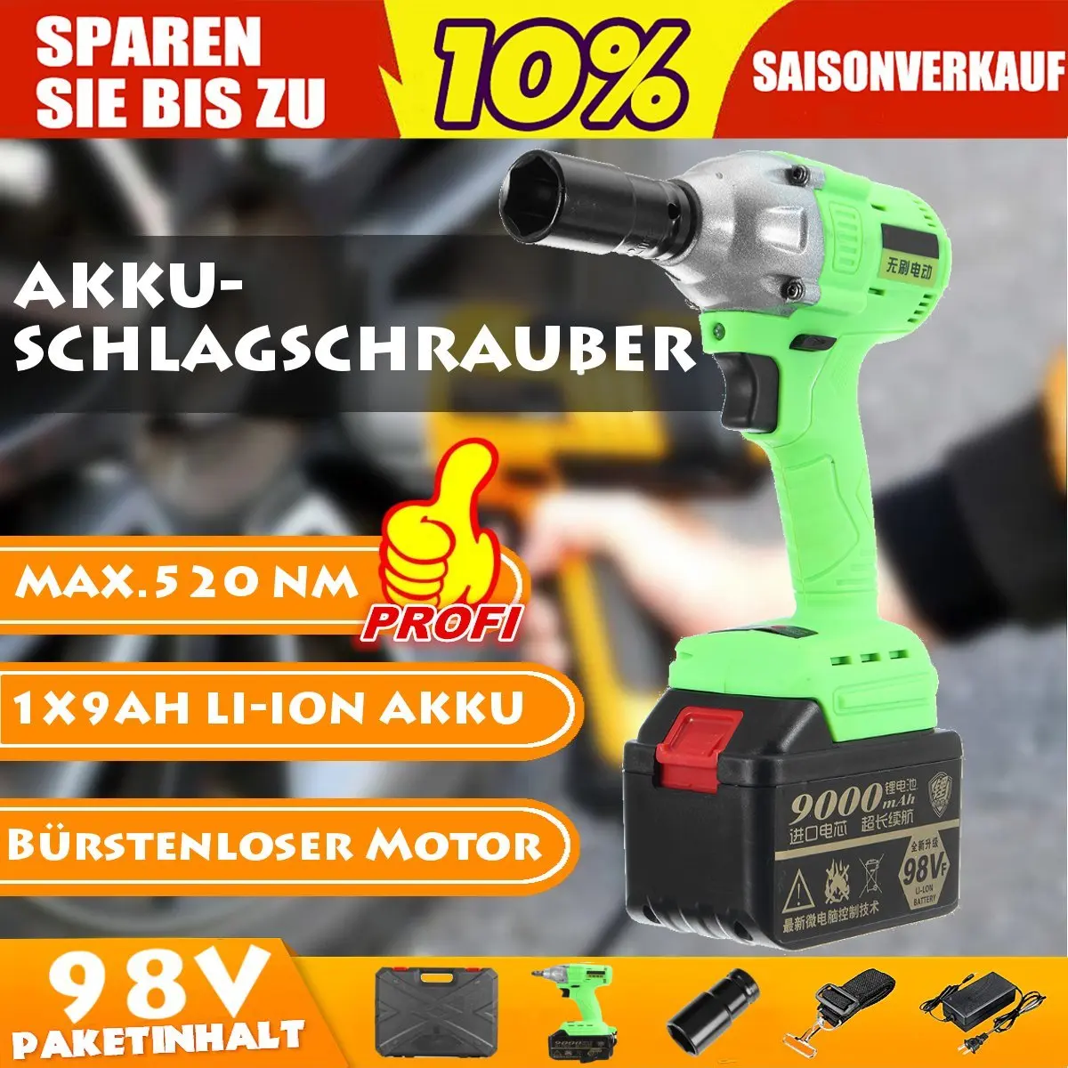 

New 98V Cordless High Torque Lithium-Ion Brushless motor Electric Impact Wrench 3 Speed Torque 520 3200r/min Nm