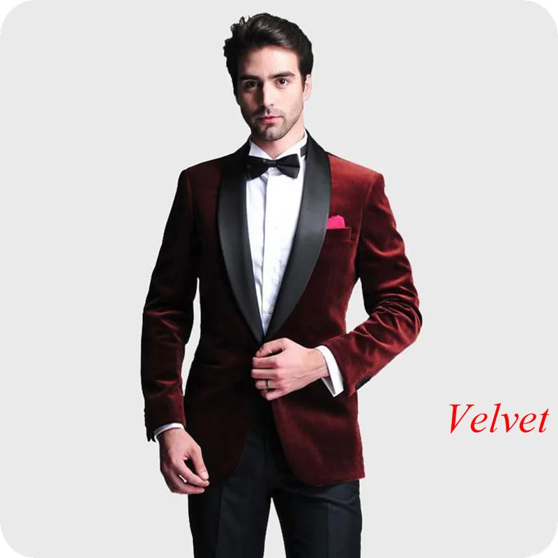 

Latest Designs Burgundy Velvet Men Suits for Wedding Suit Groom Tuxedo 2Piece Smoking Jacket Slim Fit Man Blazers Prom Party