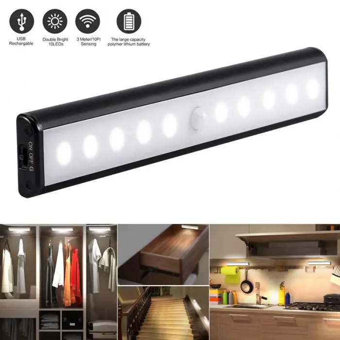 Motion Sensor Light USB Rechargeable 10 LED Lights for Wardrobe Stair Hallway Cabinet@8 WWO66