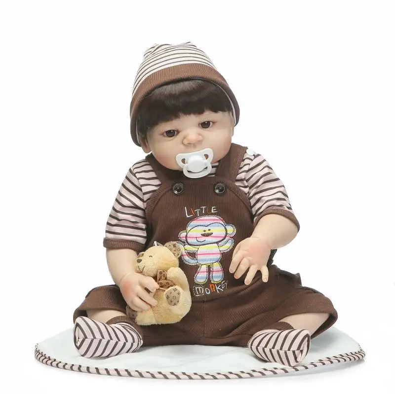 

NPKcollection 57cm full silicone sumilation newborn baby boy with black pasted hair and Brown clothes silicone reborn baby dolls