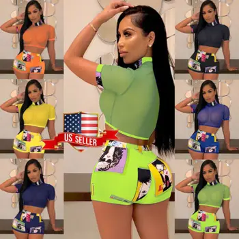 

2 Piece Set Women Summer Mesh Sheer Crop Top and Hot pants See-through Shirt Bodycon Outfit Short Club Party Jumpsuit Beach Wear