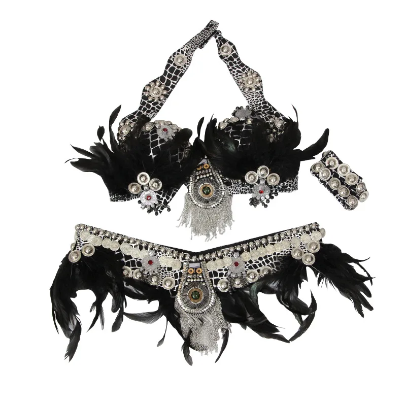 

Professional Tribal Belly Dance Feather Bra Top armband 3 Pieces Outfit Set Belly Dance Tribal Fusion ATS Coins Costume