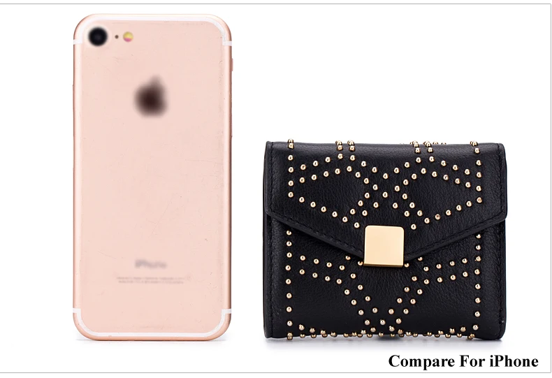 Lomelobo Ladies Rivets Small Wallet Genuine Cow Leather Women Three-Fold Short Personality Wallet Girls Credit Card Holder Purse HPL2627-1 Details (09)