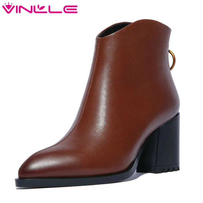 

VINLLE 2019 Women Shoes Ankle Boots Square High Heel Genuine Leather+PU Pointed Toe Brown Ladies Motorcycle Shoes Size 34-42