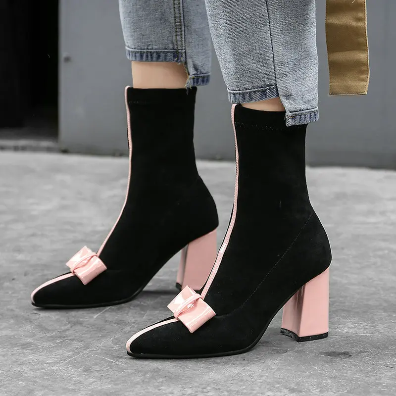 Для женщин милый бантик ботильоны на толстых высоких каблуках женская мода слипоны осенне-зимние сапоги с острым носком черный, розовый желтый