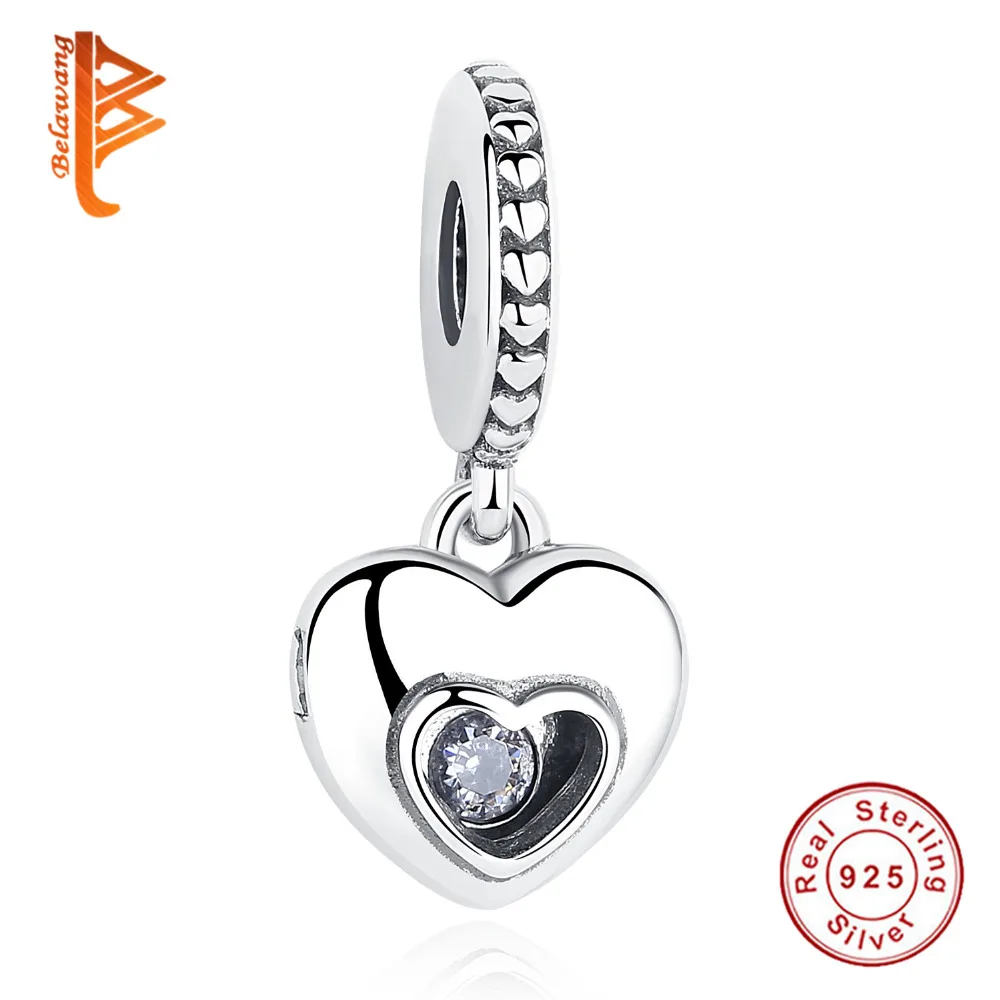 

BELAWANG 925 Sterling Silver Delicate Love Heart Fit Original Charms Clear AAA Crystal Heart Bracelets Jewelry DIY Making