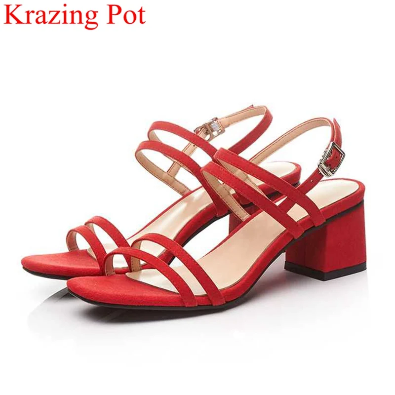 

2019 fashion peep toe buckle strap red wedding shoes kid suede square heel women sandals elegant high heels summer shoes L39