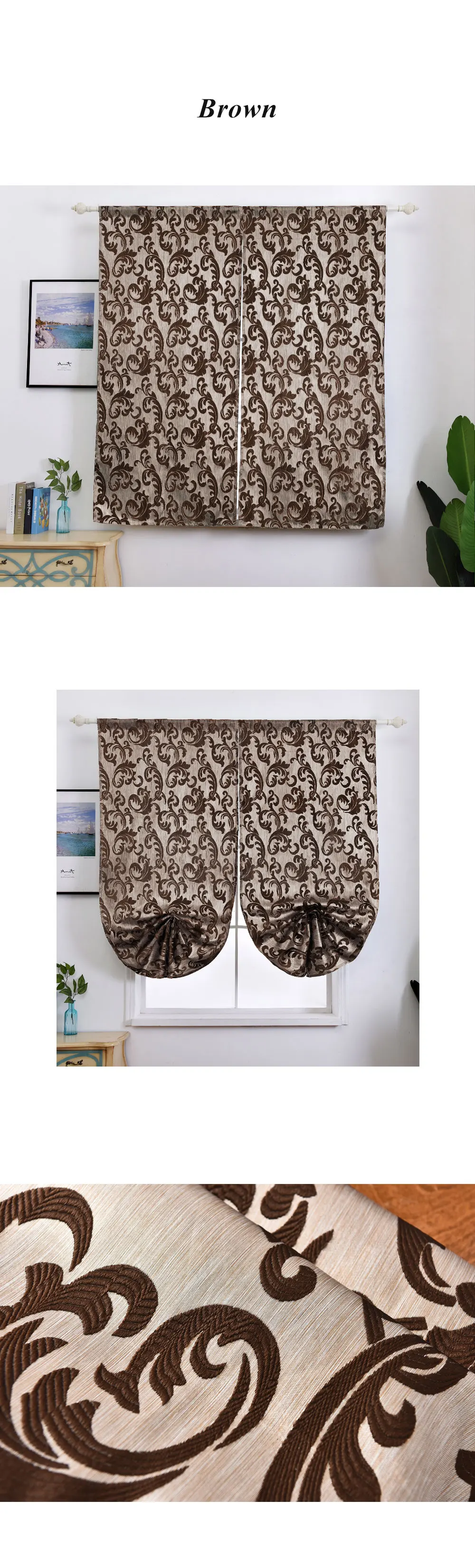 NAPEARL BL-Smt301Home Decoration Balloon Window Shade Blinds New Year Kitchen Short Curtains Roman Tie Up Drapery Jacquard Brown Fabrics (3)