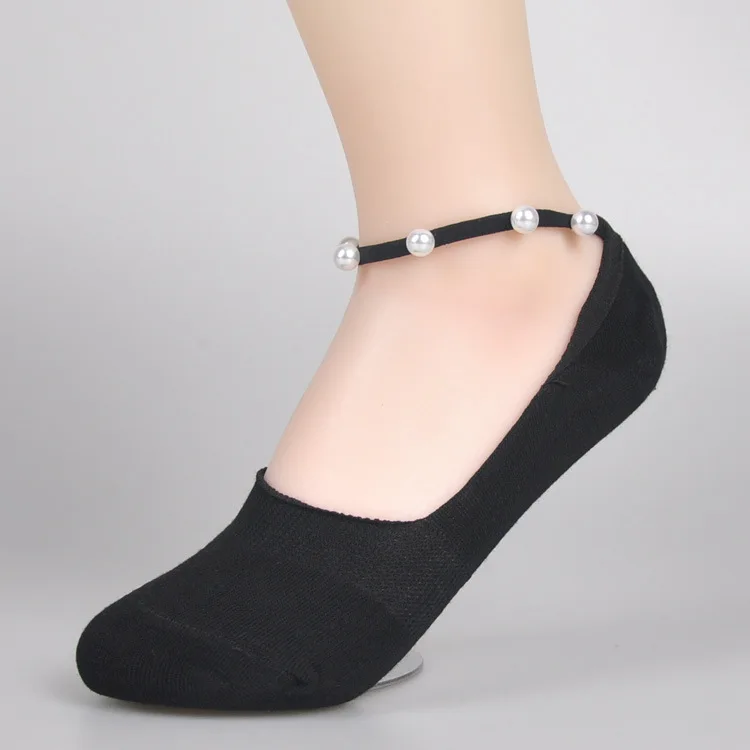 

2019 New Summer Fashion Women Black Cotton Pearl Straps Antiskid Invisible Liner Low Cut Ankle Short Non-slip Heels Socks