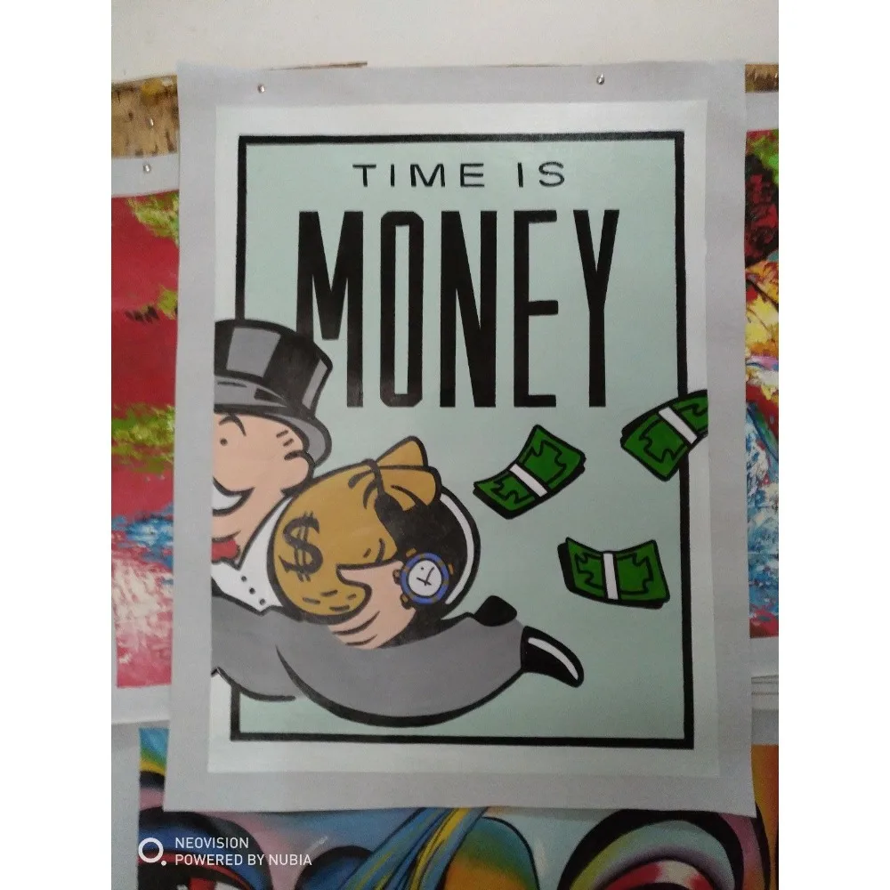 

Alec Monopoly Graffiti Handcraft Oil Painting on Canvas,"Time Is Money" home decor wall art painting,24*36inch stretched
