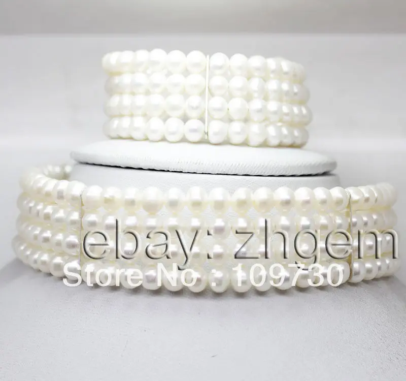 

Jewelry 00206 natural white pearl potato shape beads 4rows necklace bracelet set stretchy (A0423) -Bride jewelry free shipping