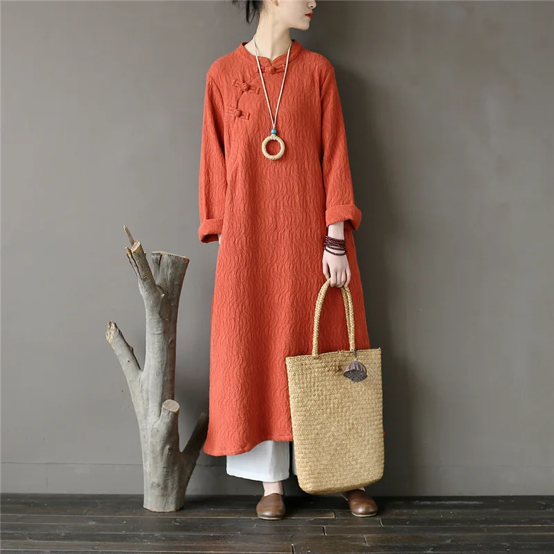 Women Chinese Style Dress Stand Vintage Cheongsam Autumn New Solid Color Jacquard A-Line Long Sleeve Women Dress