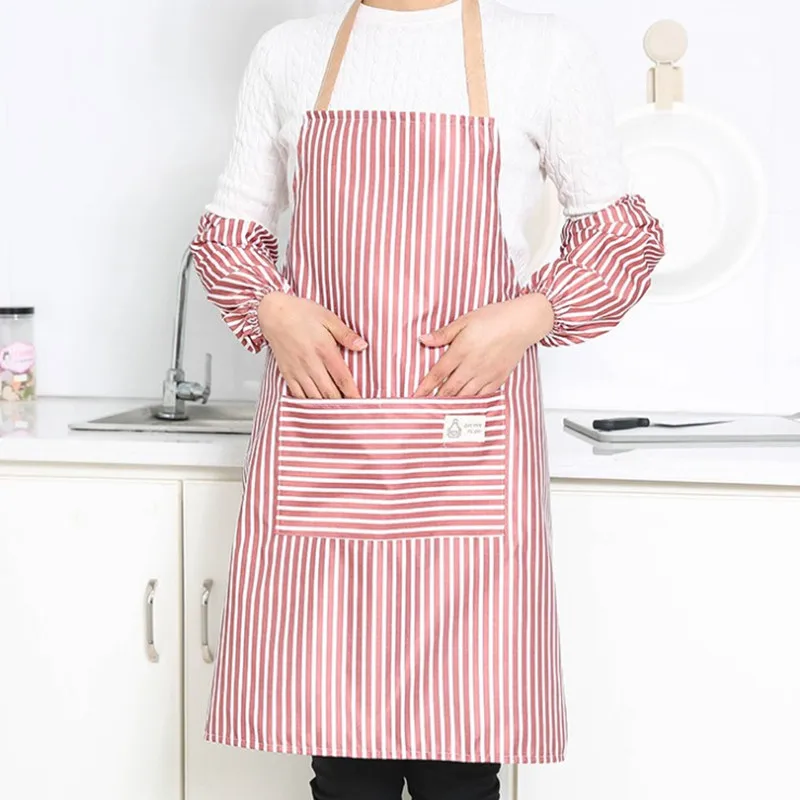 1Cooking Apron Ladies Men's Cooking Summer Home Cleaning Sleeves Apron Polyester Waterproof Oil Restaurant Cafe Apron - Color: red