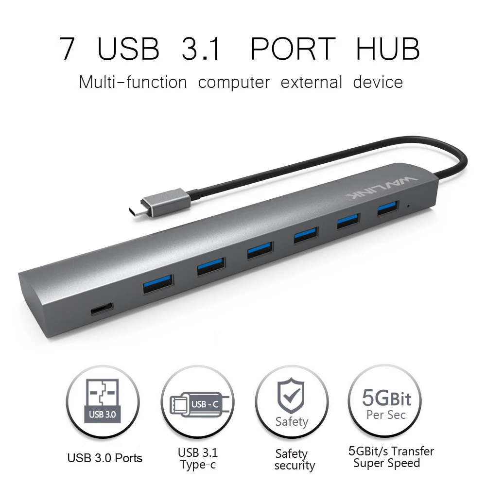 Wavlink USB 3.1 porty Type-C to7 USB HUB Vysokorychlostní 5 Gbps Typ C & Typ A Multi Dock Hliník pro laptop Ultrabook PC Macbook