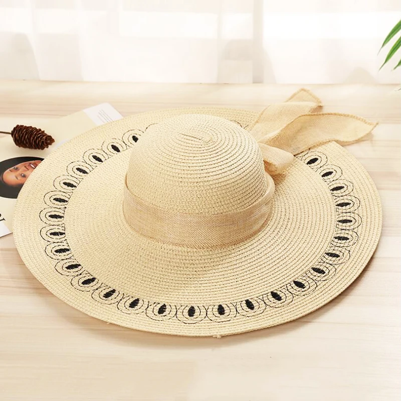 

Spring And Summer Hand-WovenBig Brim Straw Hat Seaside Holiday Ribbon Bow Beach Vacation Straw Hat Visor Hat
