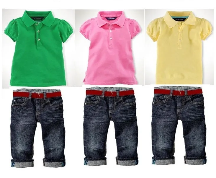 

High Quality 2014 New Baby girls POLO T-shirt + Long jeans suit children girl top trousers sets two-piece 3 colours 6set/lot