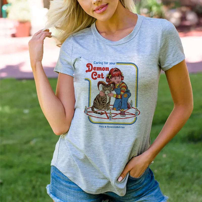 

Caring For Your Demon Cat Graphic Tops T-shirt Women Vintage Ouija Harajuku Summer Gothic T Shirt Funny Halloween Satan T Shirt