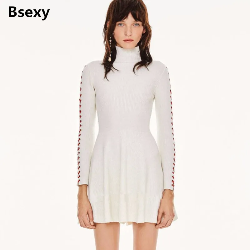 2018 New Basic White Knitted Dress Women Spring Lace up Long Sleeve short Sweater Dress 