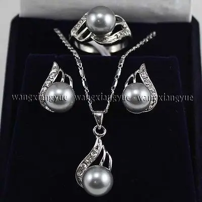 

Gray Shell Pearl Earrings Ring & Necklace Pendant Set AAA style Fine Noble real Natural free shipping
