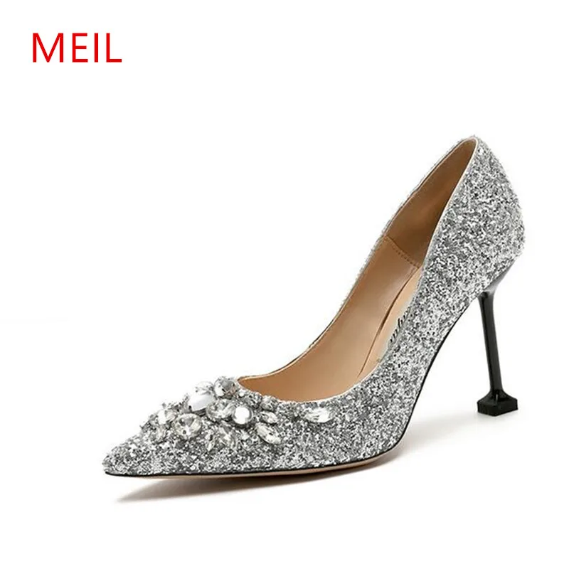MEIL 2018 New Rhinestone High Heels Cinderella Shoes Woman Pumps Pointed toe Wedding Shoes woman 8 CM heels ladies shoes
