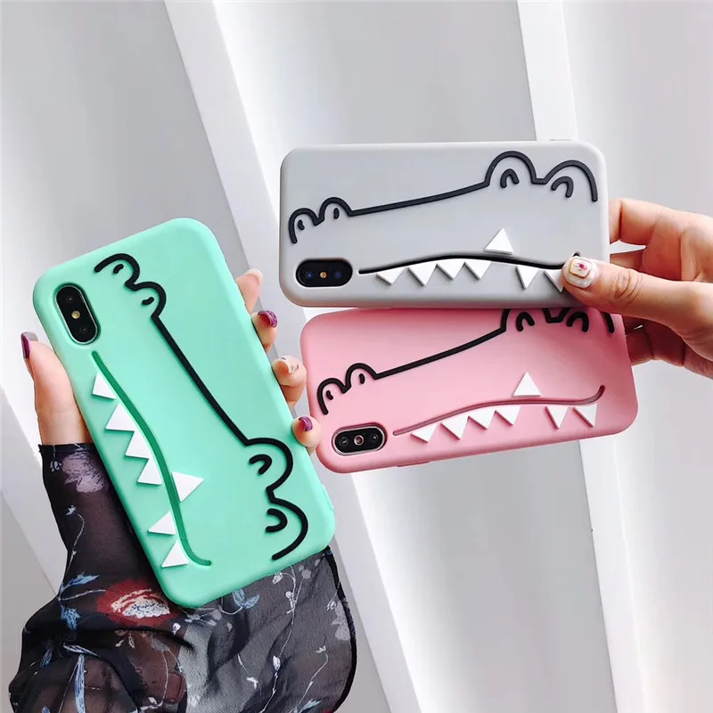 

Cute Cartoon Crocodile With Card Pocket Case For iPhone 6 6S 7 8 Plus X XS XR MAX Soft Silicone Solid Color Pink Candy Back Capa