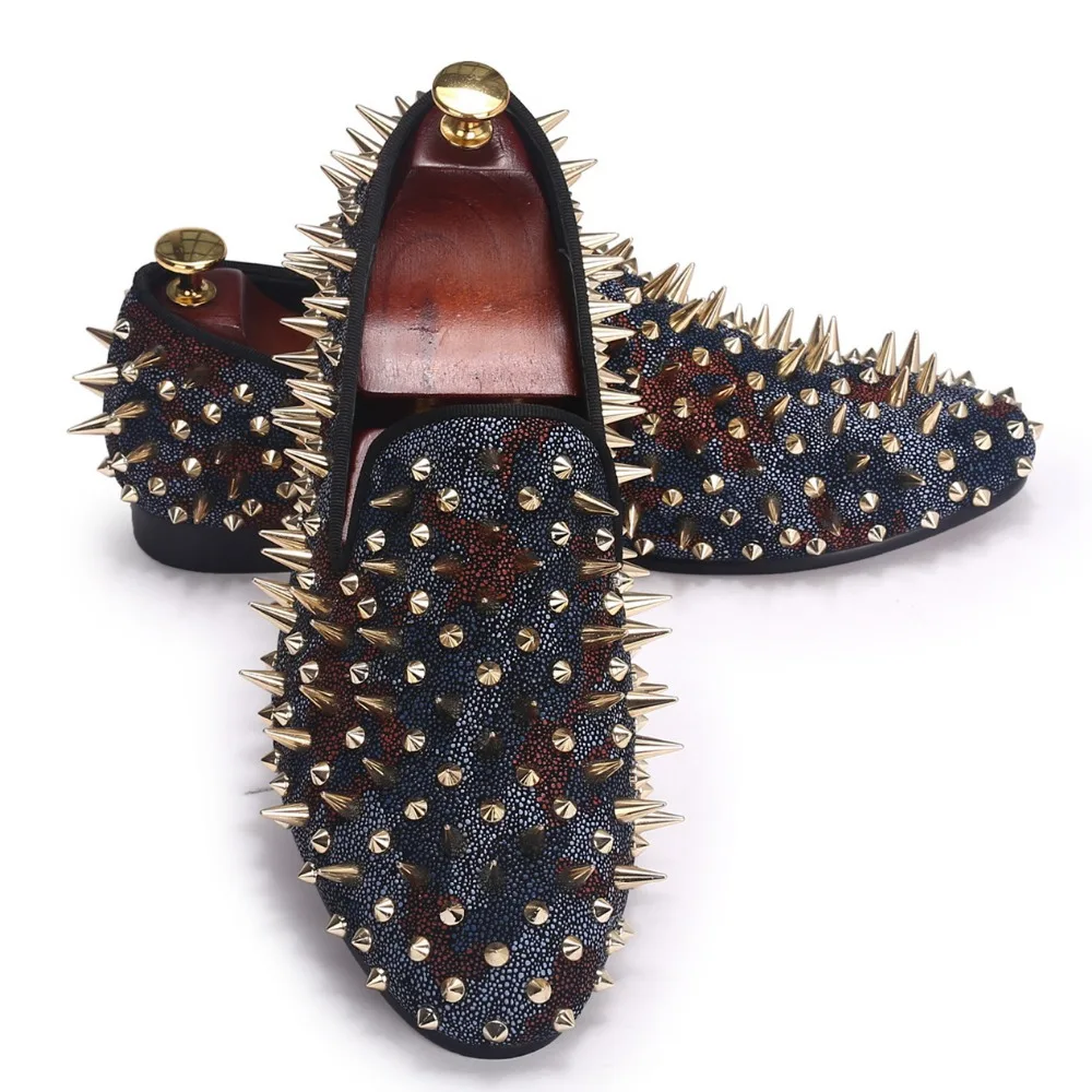 Camouflage Men Leather Shoes Handmade Rivet Shoes Slip On Flats Spikes Loafers Size 7 14