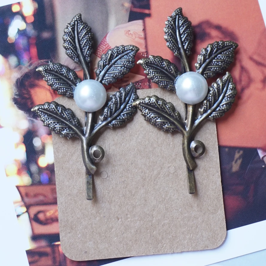 Antique bronze Hair Clips Leaves PEARL Hairpins woman fashion vintage