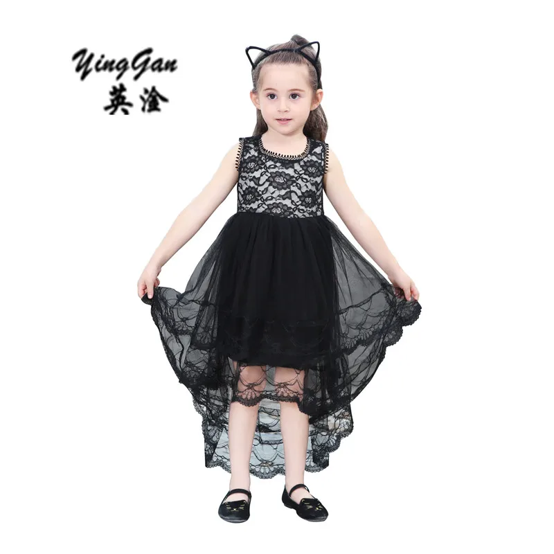 

Girls Party Dress Kids 2017 Lining Lace Long Tail Black Festival Girl Dress Children Baby Wedding Dress Teenage Girls 2-8Years