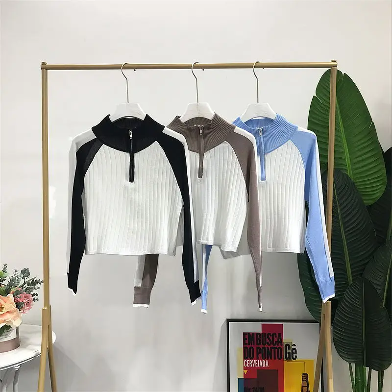 

Summer autumn White long sleeve striped T shirt female Short tops patchwork double color Zippered knit tshirts women clothing