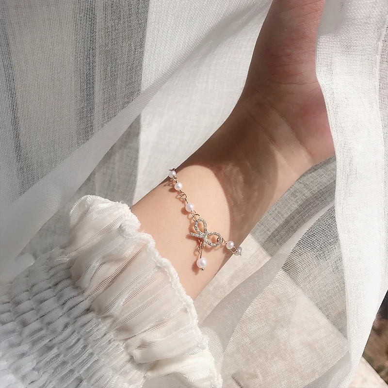 

KingDeng Bow Bracelets Bangles Chain Jewelry Fashion Temperament Women Simple Cool Ins Style Charm Bracelets Zinc Alloy Pearl