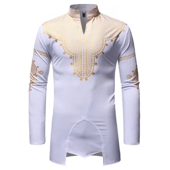 

Men's African Golden Dashiki Print Long Sleeve Shirt Stand High Collar Tribal Folk Tunic Top For Adult Plus Size XXL