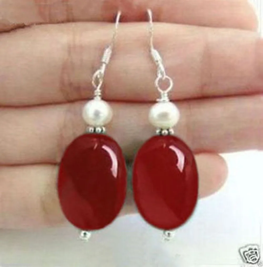 

Hot selling free shipping********HANDMADE REAL RED Natural stone & WHITE FRESHWATER PEARLS DANGLE EARRING