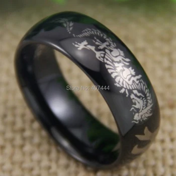 

Free Shipping YGK JEWELRY Hot Sale 8MM Comfort Fit Tai Chi Kanji Dragon New Black Dome Tungsten Wedding Ring