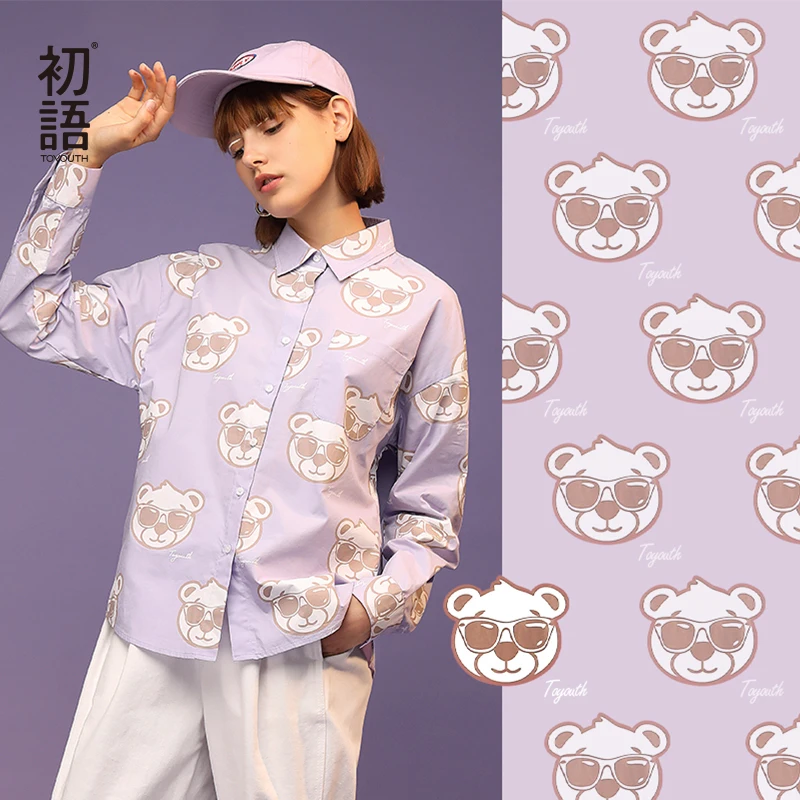 

Toyouth Women Bear Printed Fashion Cute Pattern Turn-down Collar Long Sleeve Casual Cotton Blouse Shirt Female Tops And Blouses