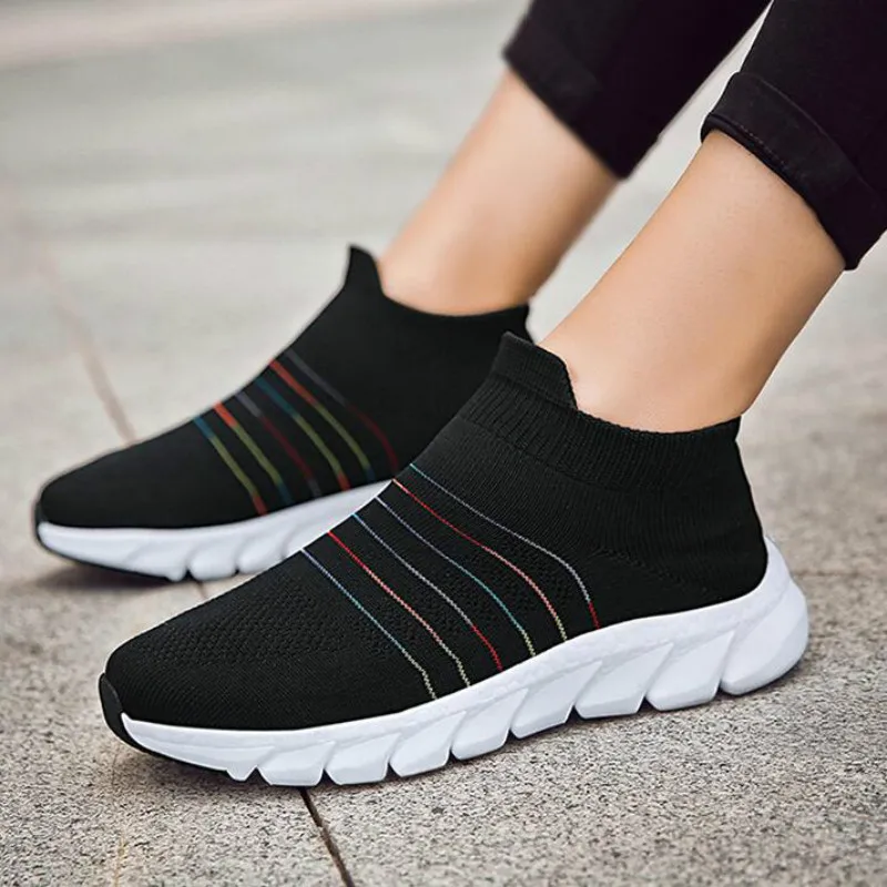 

2019 autumn new flying woven women vulcanize shoes soft bottom lightweight comfortable high socks shoe leisure female sneakers